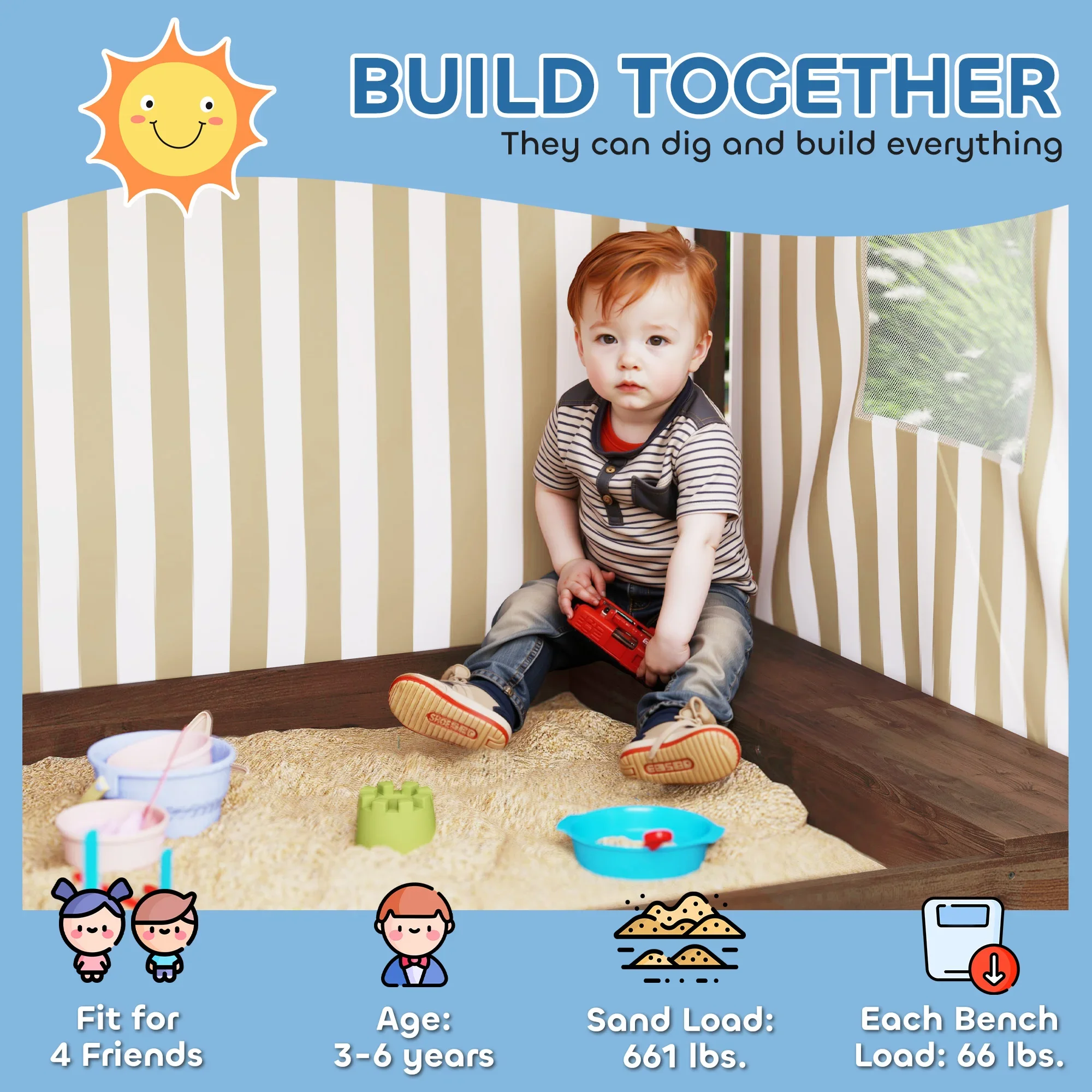 

1 xKids Wooden Sandbox and 1 x Canopy,Full covered canopy,seat storage,sandbox holds 617 lbs,fit for indoor/outdoor,Color: Brown