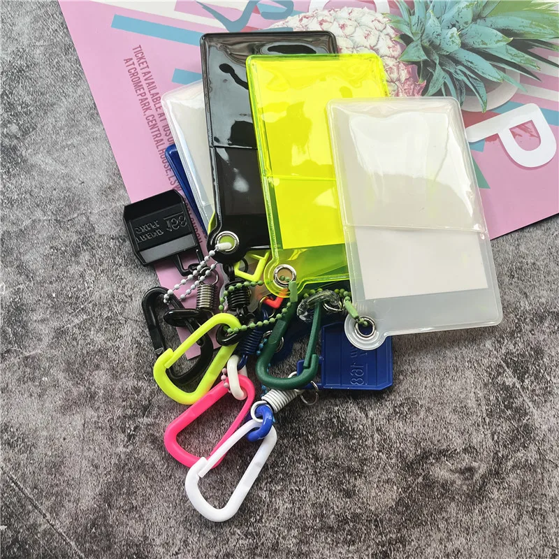 Credential Holder Plastic Carabiner Keycord Metal Pendant Fluorescent Color Key Chain with Card Holder Lanyard Accessories