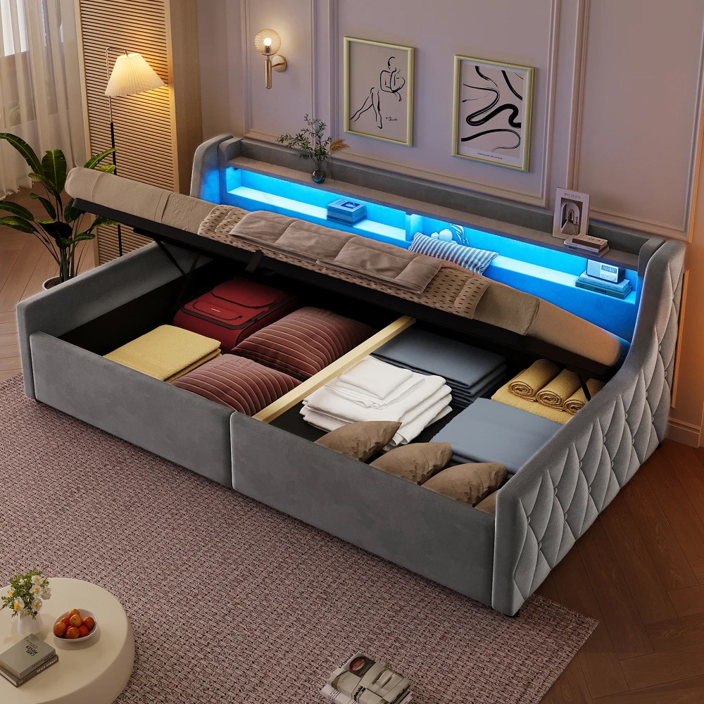 Samt-Plattformbett 90x200cm und 140x200cm mit hydraulischem Gasdruckfeder-Stauraum, gepolstertes weiches Plüsch-Einzelbett mit Stauraum unter dem Bett, modernes Luxus-Stoff-Plattformbettgestell für