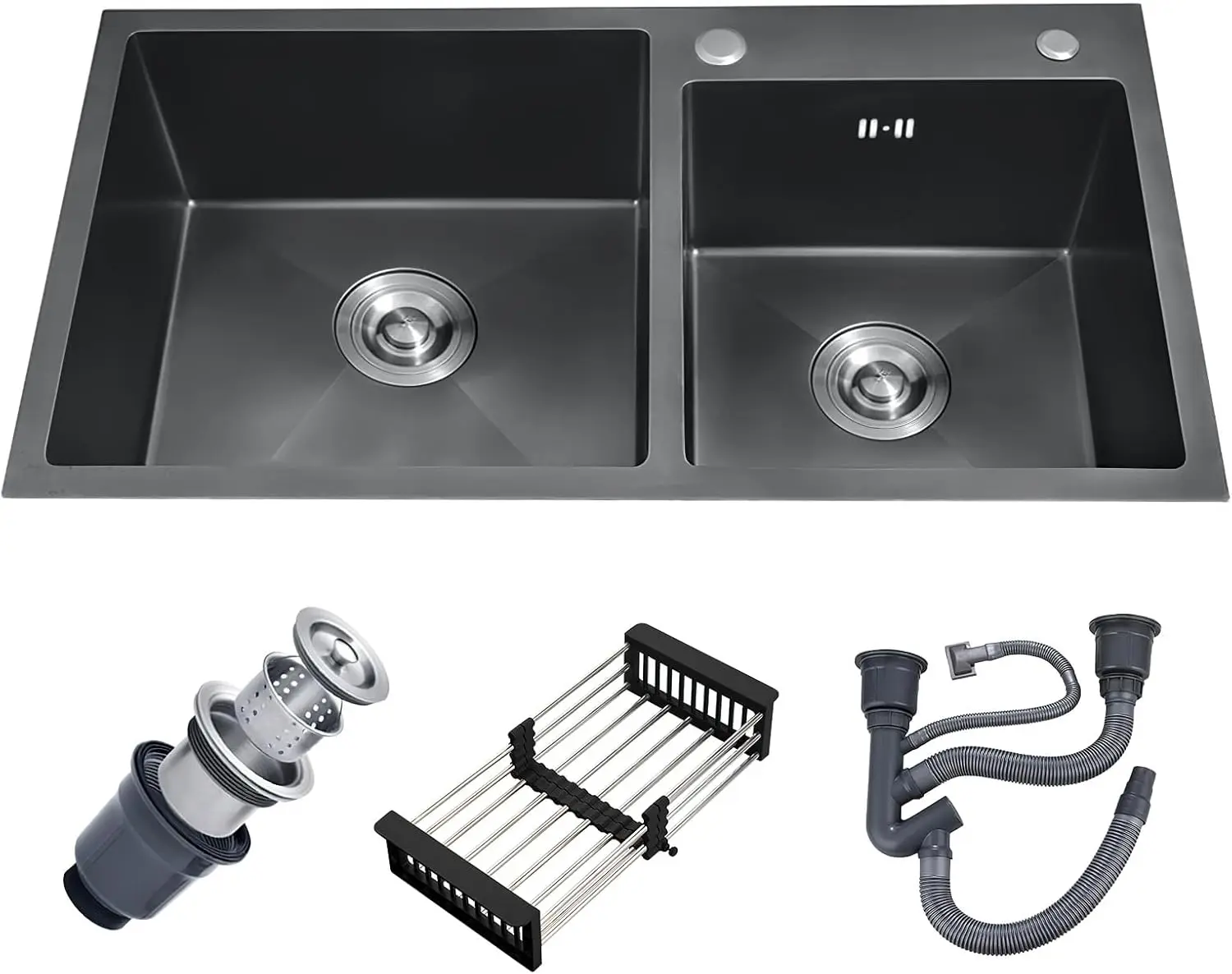 

Black Double Bowl Kitchen Sink, 304 Stainless Steel with Nano Coating and Accessories Set