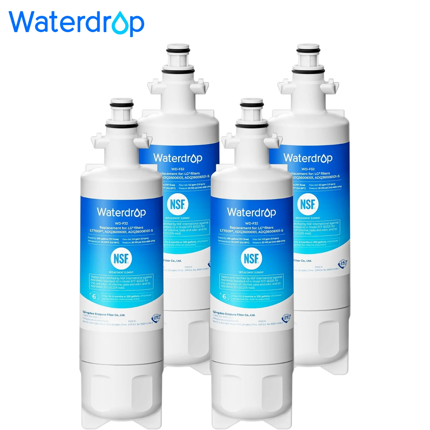 Waterdrop ADQ36006101 Replacement for LG® LT700P® Water Filter, 4 Pack | Standard, Replacement for Kenmore® 469690, 9690, FML-3, ADQ36006102, ADQ36006101-S Refrigerator Water Filter