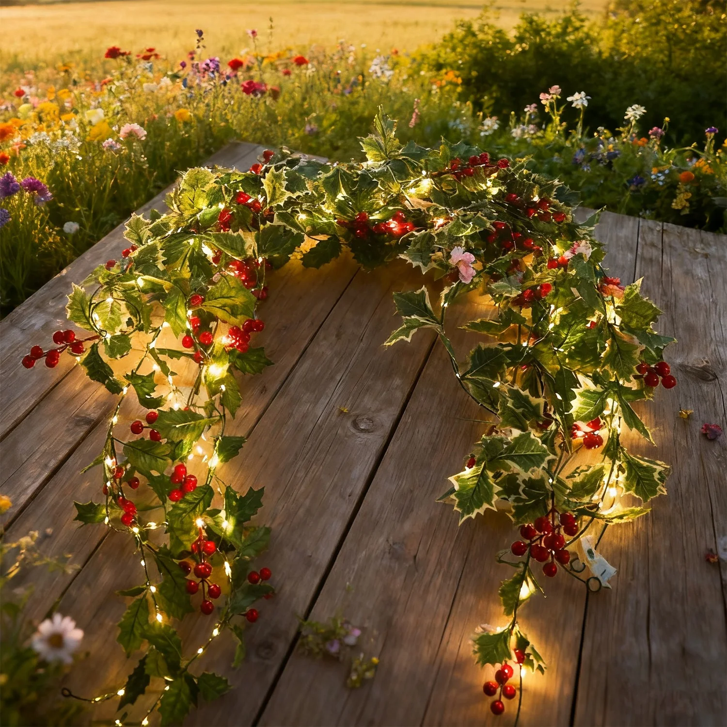 إكليل عيد الميلاد مع أضواء LED التوت الأحمر الزهور الاصطناعية طاولة النبات عيد الميلاد معلقة الروطان لتزيين درابزين الدرج