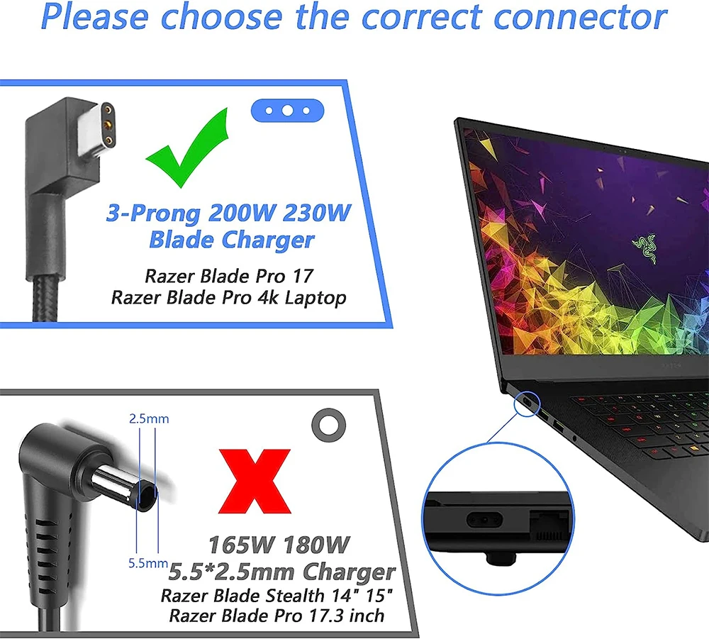 Imagem -02 - Carregador Portátil 230w 19.5v 11.8a Adaptador ac para Razer Blade Pro 17 Razer Blade 15 Base Avançada 20232023 Gtx1060 Fonte de Alimentação