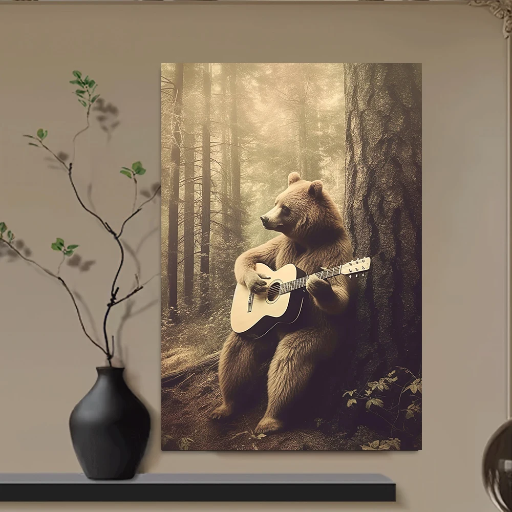 Funny Bear Playing Guitar Canvas Art Print - Vintage-Inspired Animal Wall Decor for Living Room, Bedroom, Home Office - Frameles