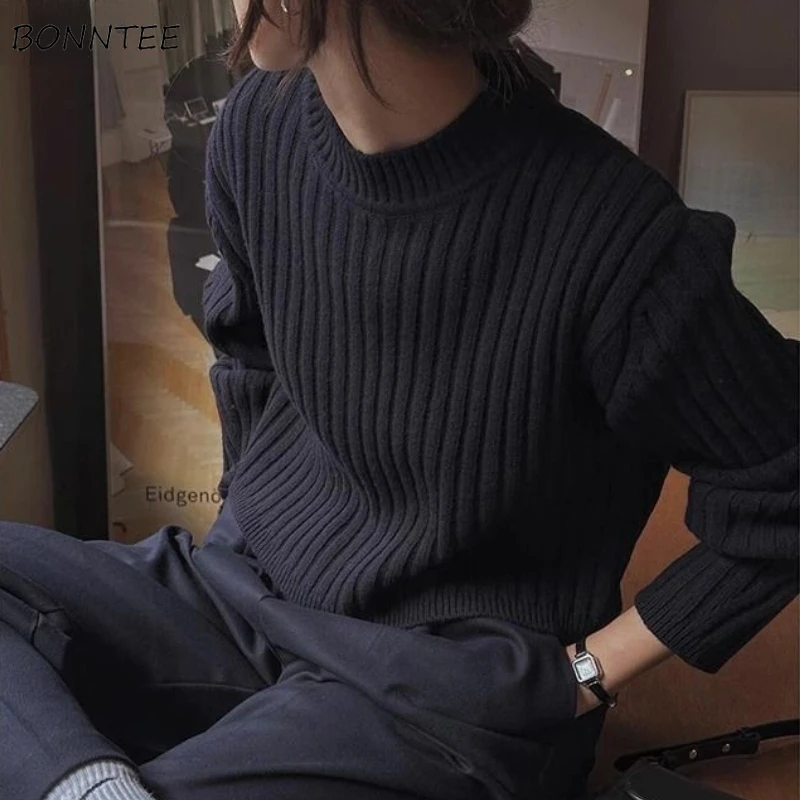 Pullovers Women Autumn Inner Casual All-match Knitted Ulzzang Lazy O-neck Temper Classic Harajuku Simple Vintage Mujer Sweater