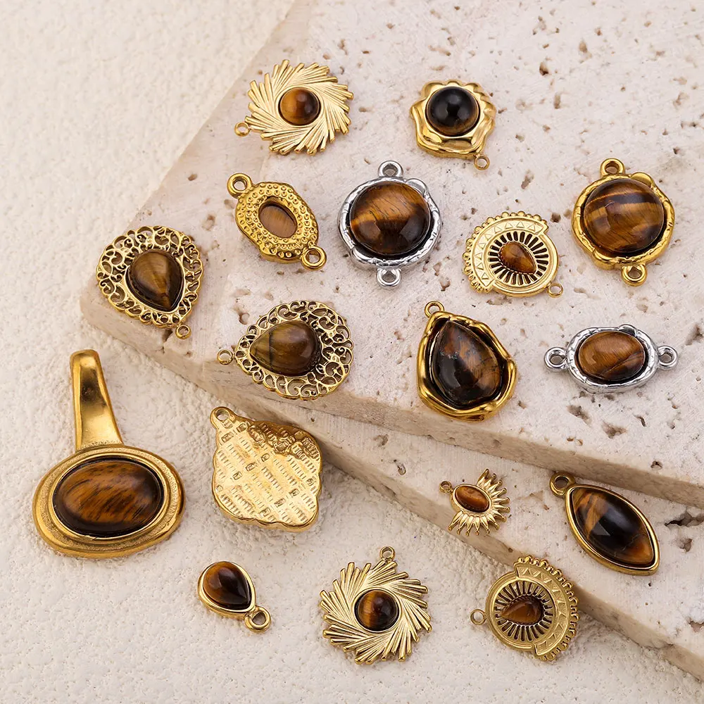 2/3/4/5pcs Stainless Steel Charm Inlay Tiger's Eye Stone Round Cross for DIY Necklace Earrings Bracelet Jewelry Making Wholesale view 4
