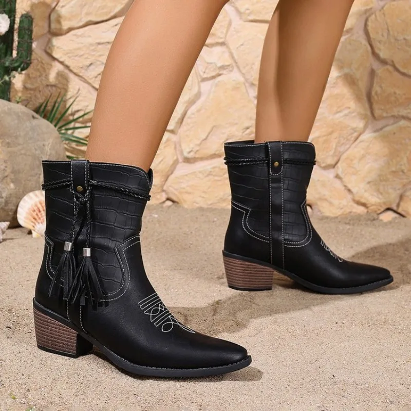 Women's Boots Fashion Pointed Toe Mid-Calf Boots Retro Western Cowboy Boots Classics Embroidered Leather Boot Women Knight Boot