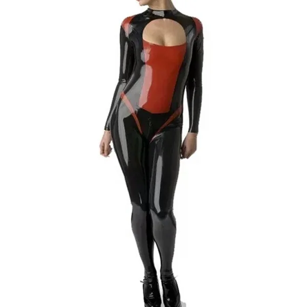 

100% Latex Catsuit Rubber Fitness Black Red Fiesth Anzug Damen Gummi Cosplay Bodysuit