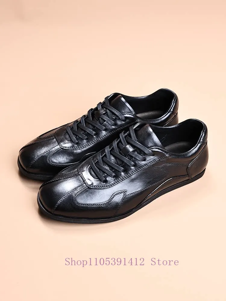 

Relaxed-Fit Washed Horsehide Training Shoes Men Flats Sneakers Thin-Soled Genuine Leather Black Casual Retro Derby Shoes