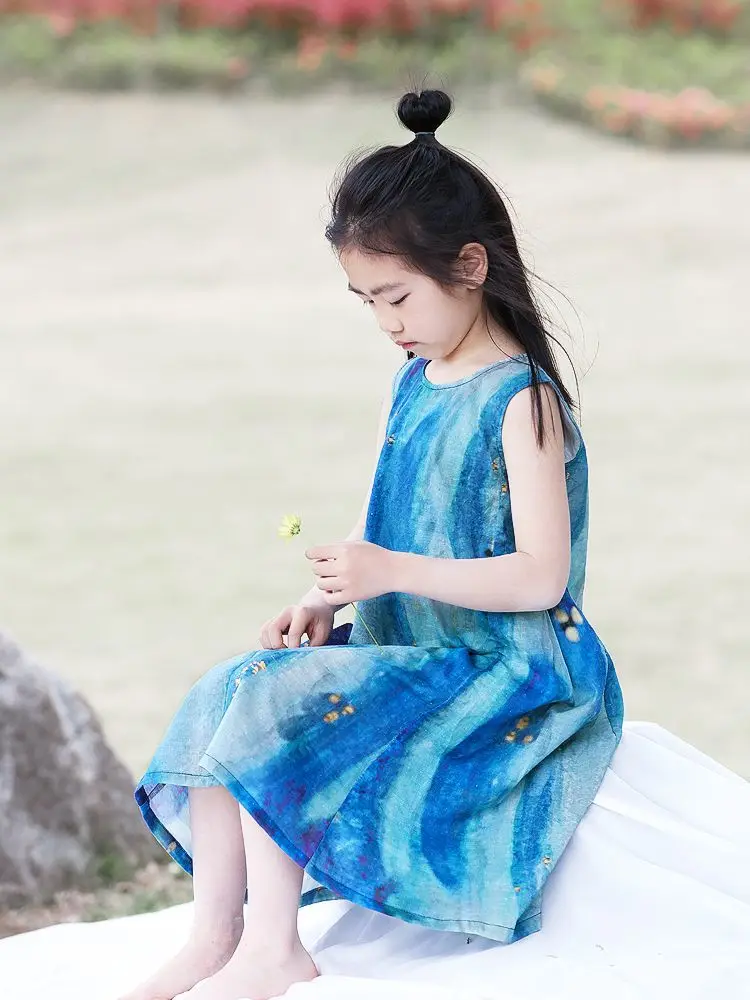 Summer new dress 2026 girls' vest fashion sleeveless beach tie dye dress travel vacation princess dress