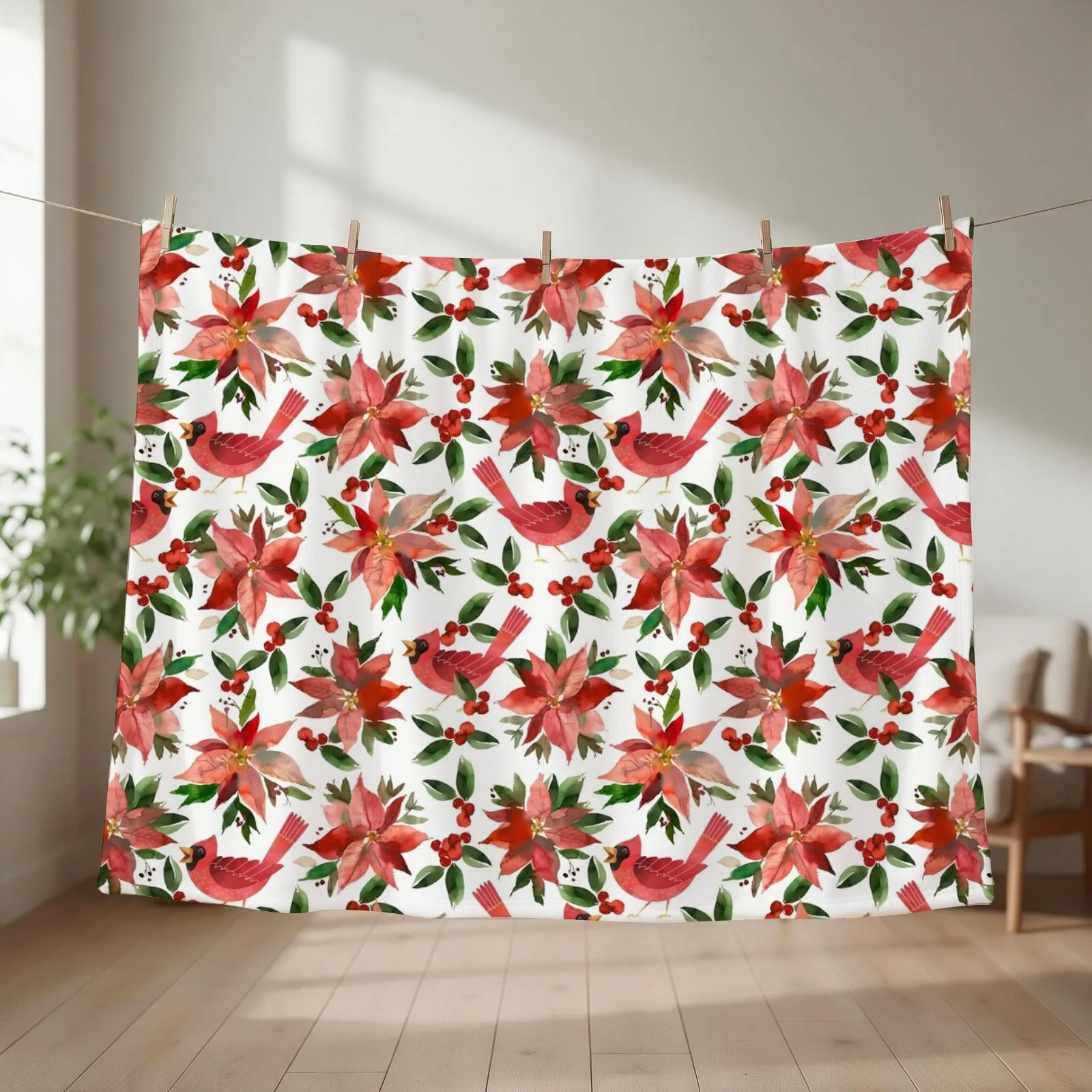 Cardinal Poinsettia Throw Blanket couch cozy soft plush fuzzy picnic outdoor blanket
