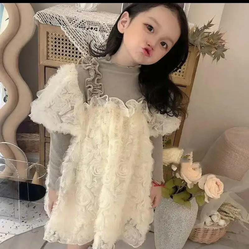 

Kawaii Casual Coat Tops Fashion Children Clothing Girls 2-Piece Set Rose Mesh Sleeveless Dress with Long Sleeve Shirt Winter New
