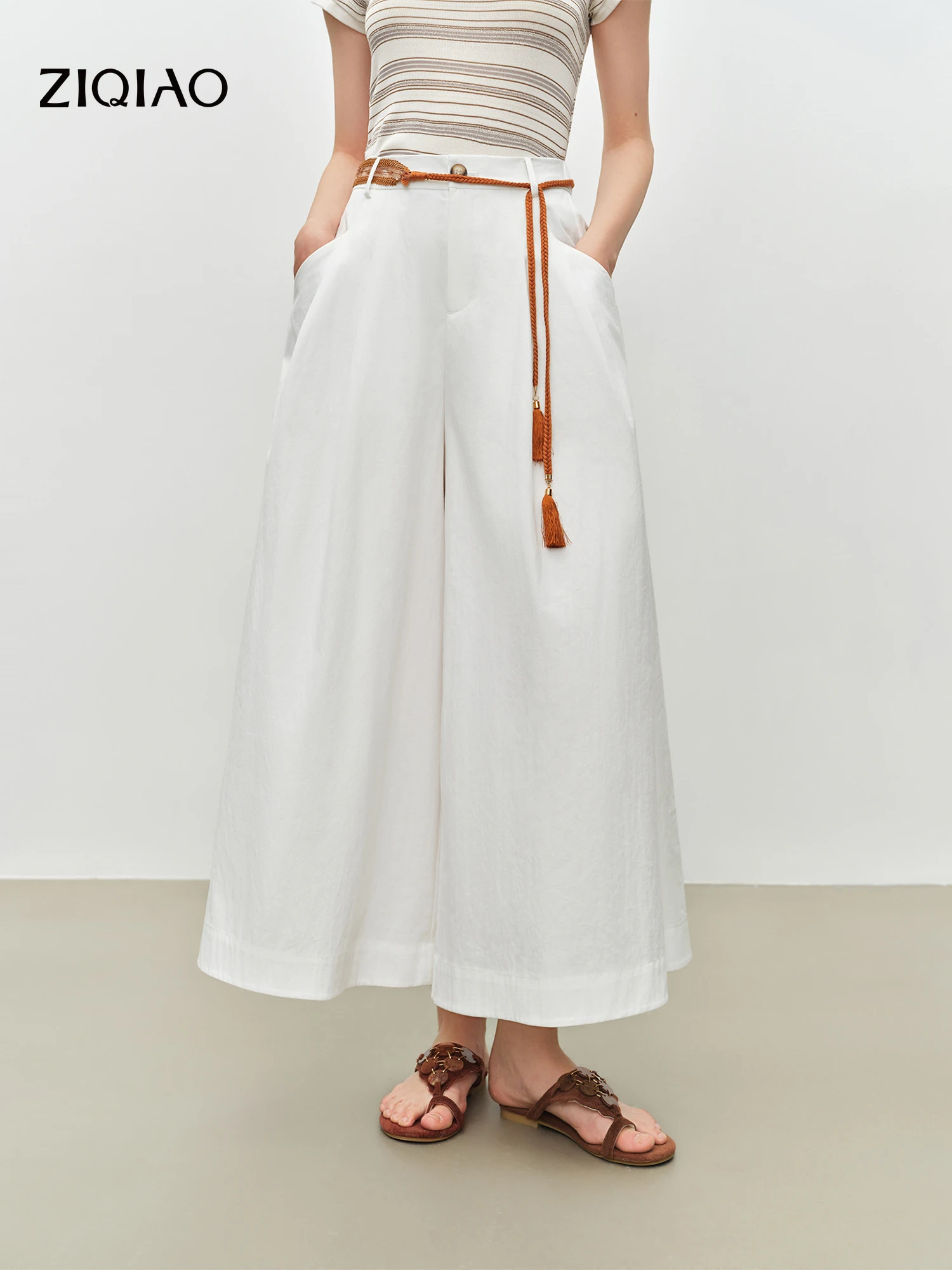 

ZIQIAO White Airy Long Pile Cotton Mid-Thigh Length Cotton Pants for Women 2026 Summer New Arrival Stylish Casual Wide-leg Pants