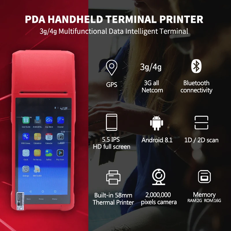 3G/4G Handheld POS Terminal Machine Android 8.1 OS Built-in 58mm Bluetooth Printer Wifi GPS Multiple Language Scanner PDA