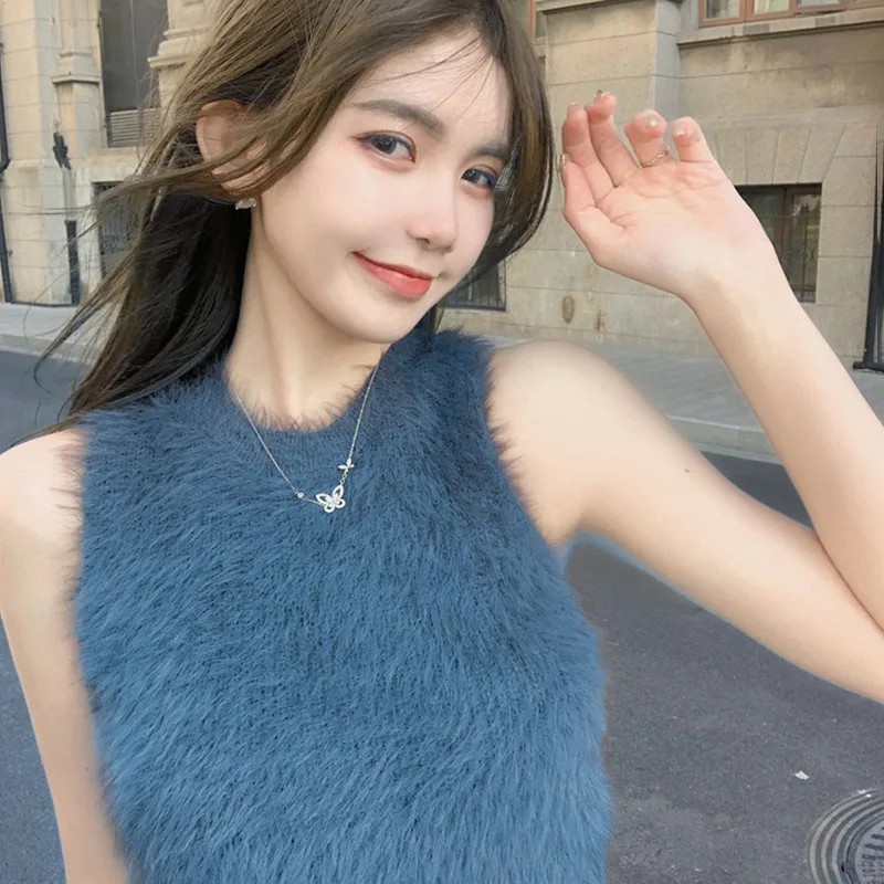 New Korean Sexy Slim Sleeveless Vest  Vintage Soft Mink Fleece Knit Pullovers Crop Sweater Vest Womne Female Tops