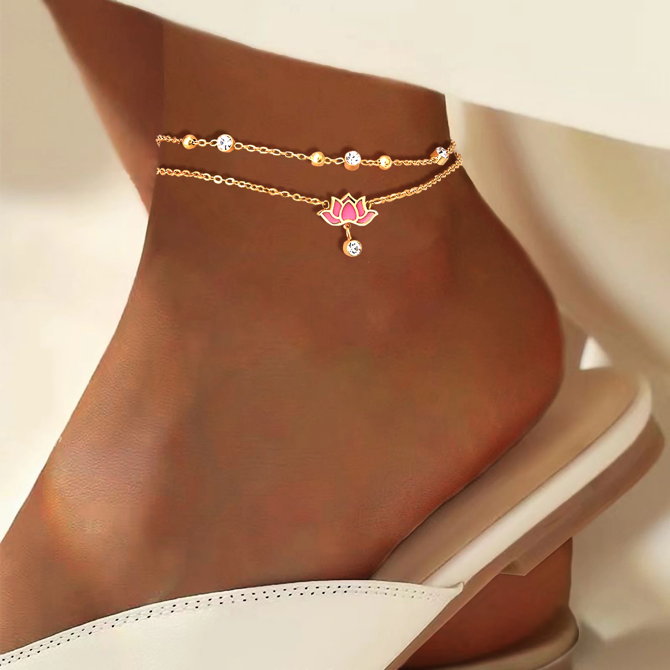 Multi layer zirconia stainless steel chain white pink lotus pendant women's fashionable jewelry gift summer beach ankle chain