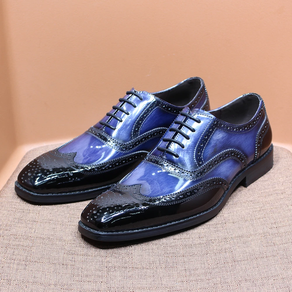 Luxury Men\'s Oxfords Genuine Patent Leather Lace Up Wedding Party Office Dress Shoes for Men Brogue Wingtip Formal Oxfords Blue