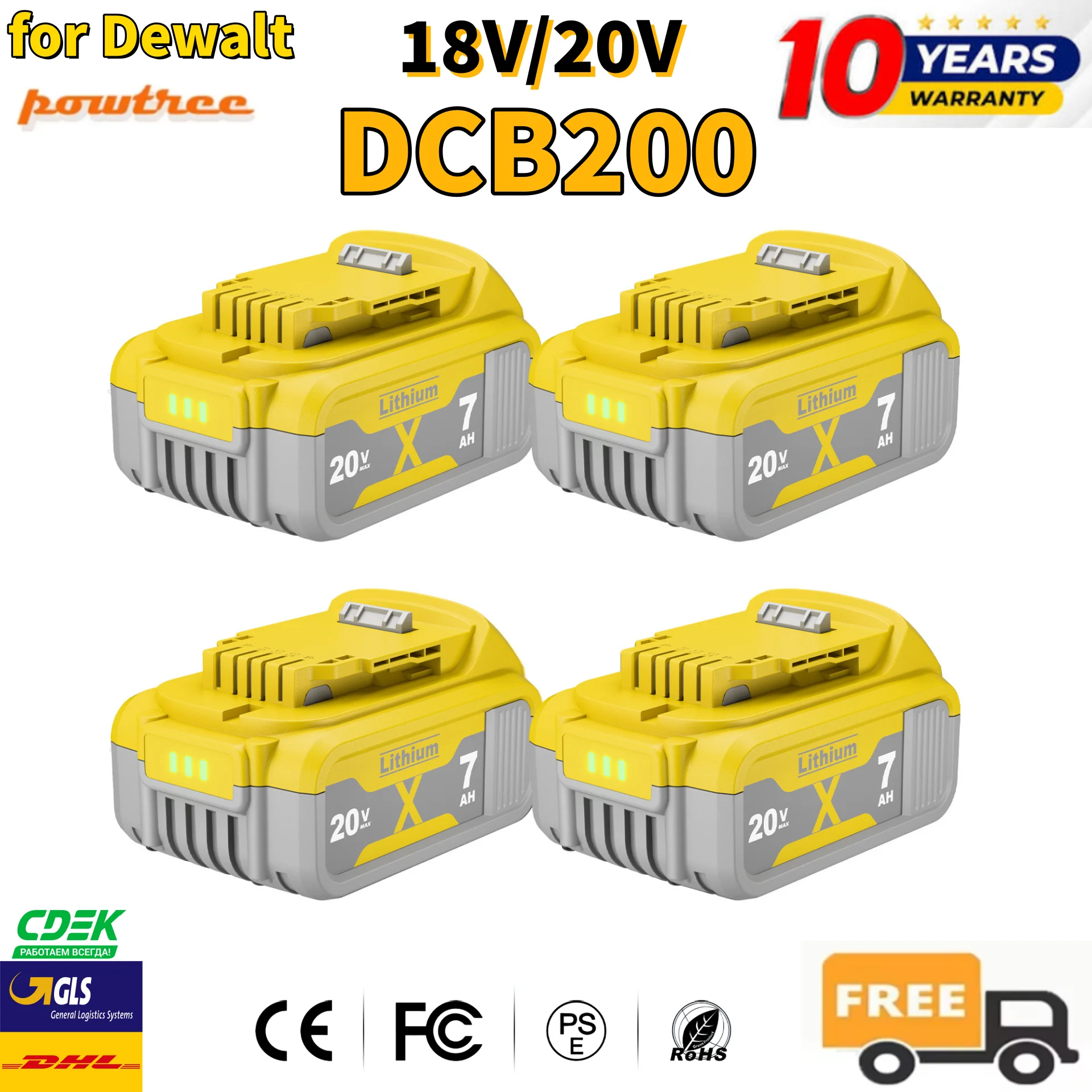 Сменная литиевая батарея 7000 мАч DCB200 для Dewalt 18В/20В, совместимая с моделями DCB182, DCB184, DCB200, DCB180, DCB181, DCB182, DCB206, DCB201