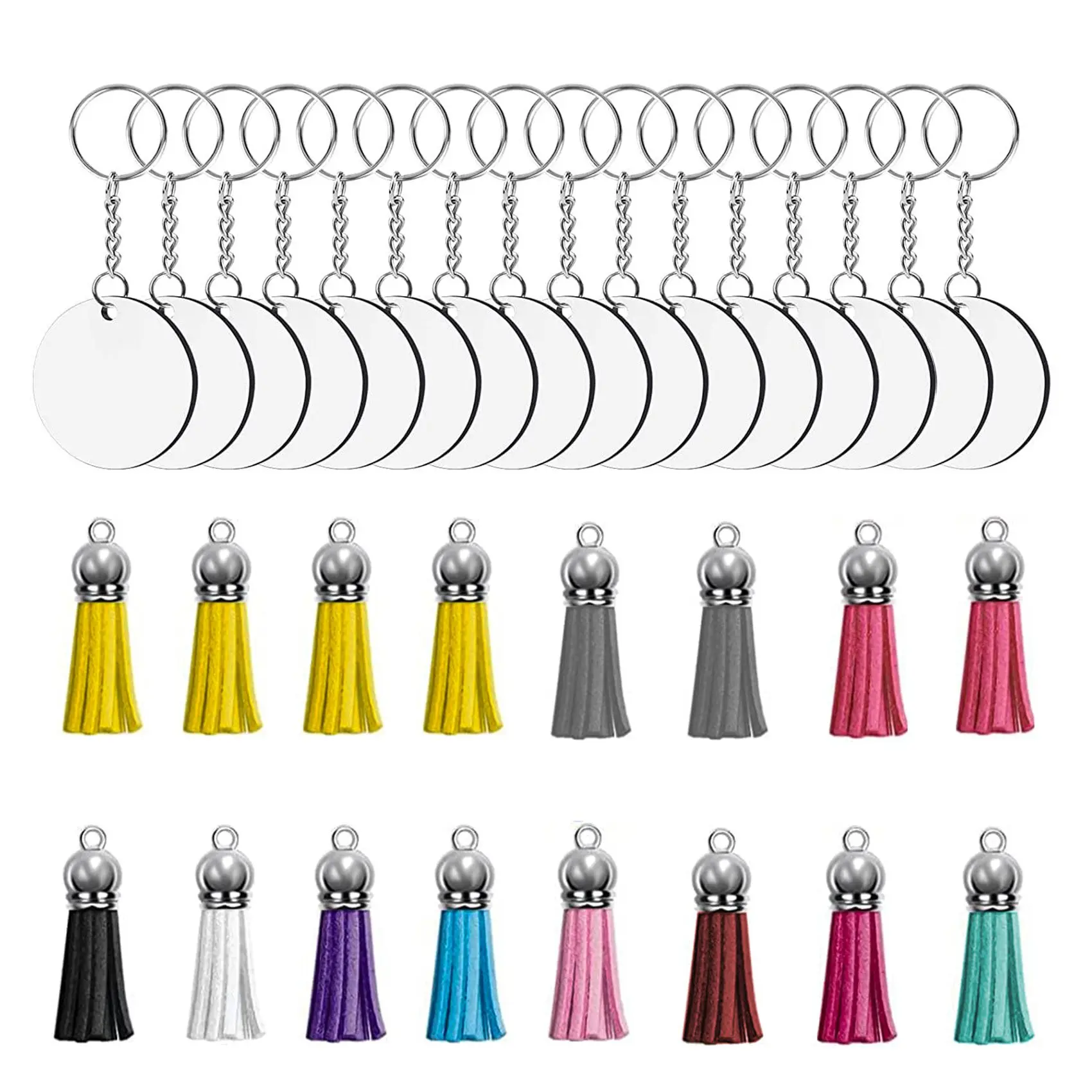 ABKL-64 Pcs Acrylic Transparent Discs Blank Keychains Circle Key Chains And Tassel Pendant Keyring For DIY Project And Crafts