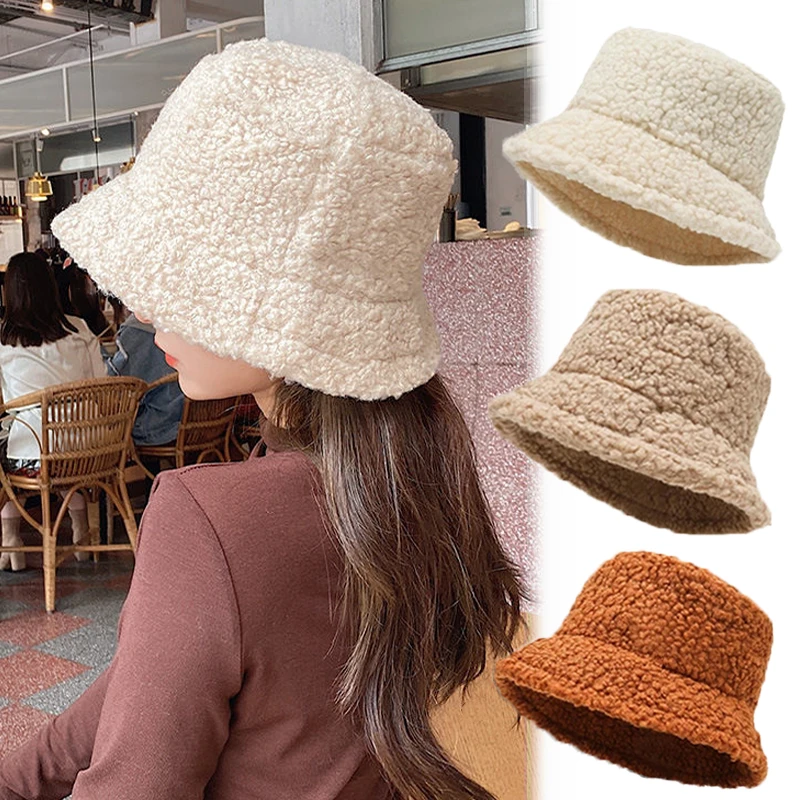 Winter Women Bucket Hats Thicken Plush Thermal Hats Lamb Woolen Faux Fur Fisherman Caps Outdoor Keep Warm Fishing Caps Unisex