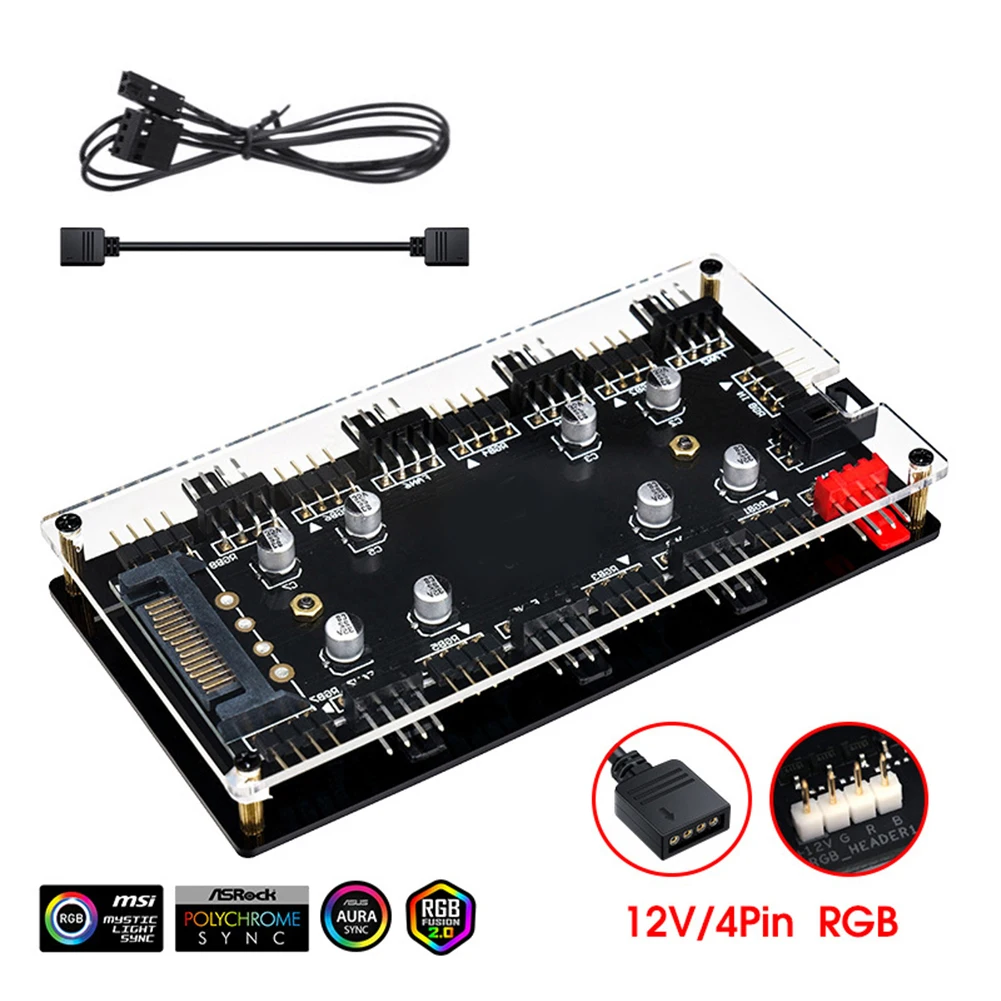 12V 4Pin/5V 3PIN Cooler Fan HUB Splitter SATA Power Supply ARGB/RGB PWM Fan Hub Case Fan Hub Adapter Motherboard Sync with Cable