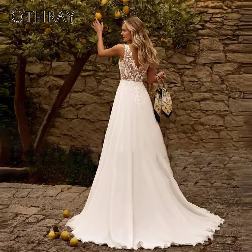 Abito da sposa a trapezio in pizzo con scollo a V Abito da sposa in chiffon plissettato Sweep Train Bottoni senza schienale Personalizzato с iyoдебное пла coi
