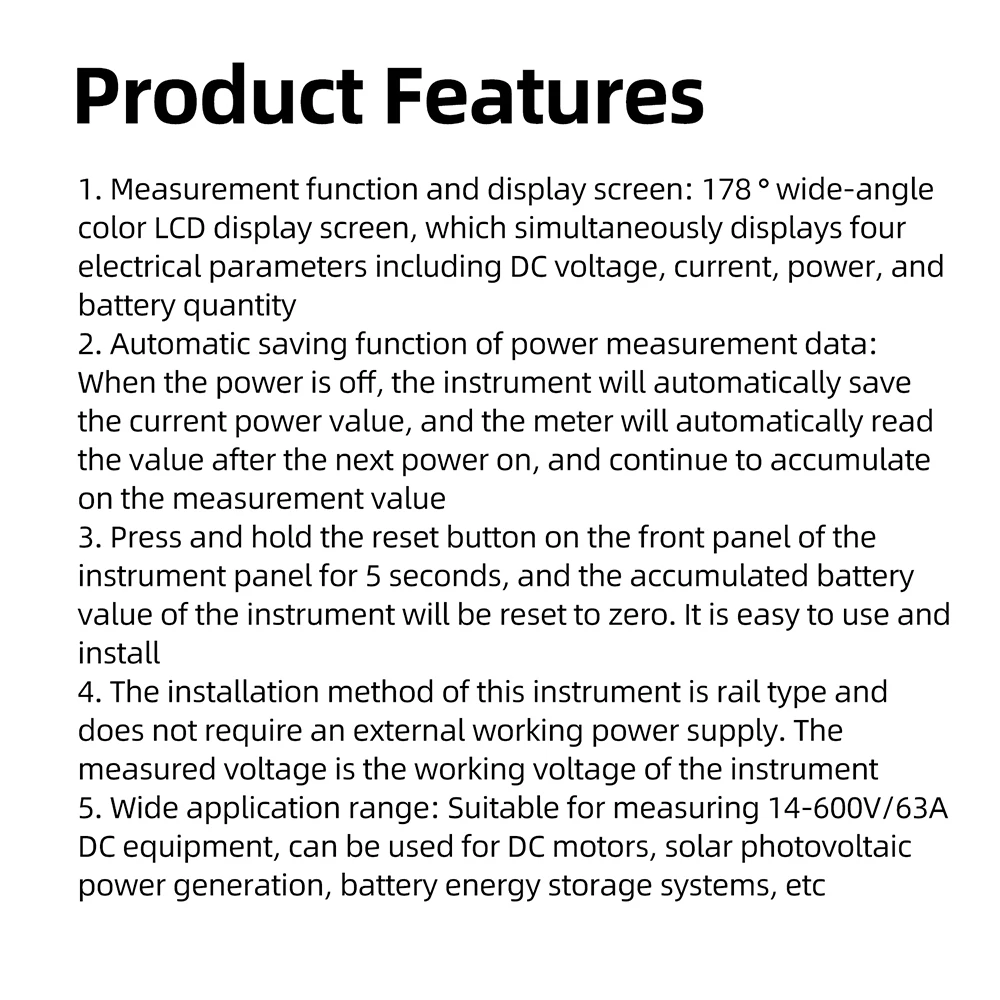 DIN-Schienen-DC-Energiezähler DC14-600V 63A 4-in-1 Multifunktions-LCD-DC-Watt-KWh-Zähler mit automatischer Datenspeicherung für Solarbatterie-Motorüberwachung – Detail 13