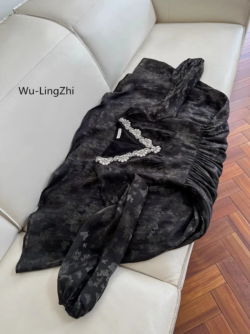 

Wu-LingZhi French Elegant Vintage Black Dress Luxury Diamond Decoration Top Quality Formal Dresses Ladies Elegant New