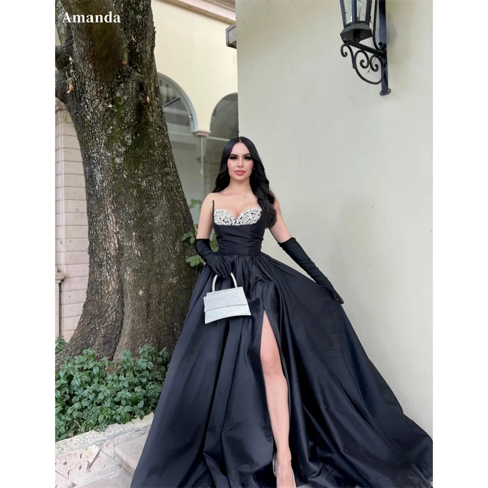 

Amanda Customized Black A-Line Appliques Prom Dresses Sweetheart Neck Pleated vestidos de noche Side High Split Formal Evening