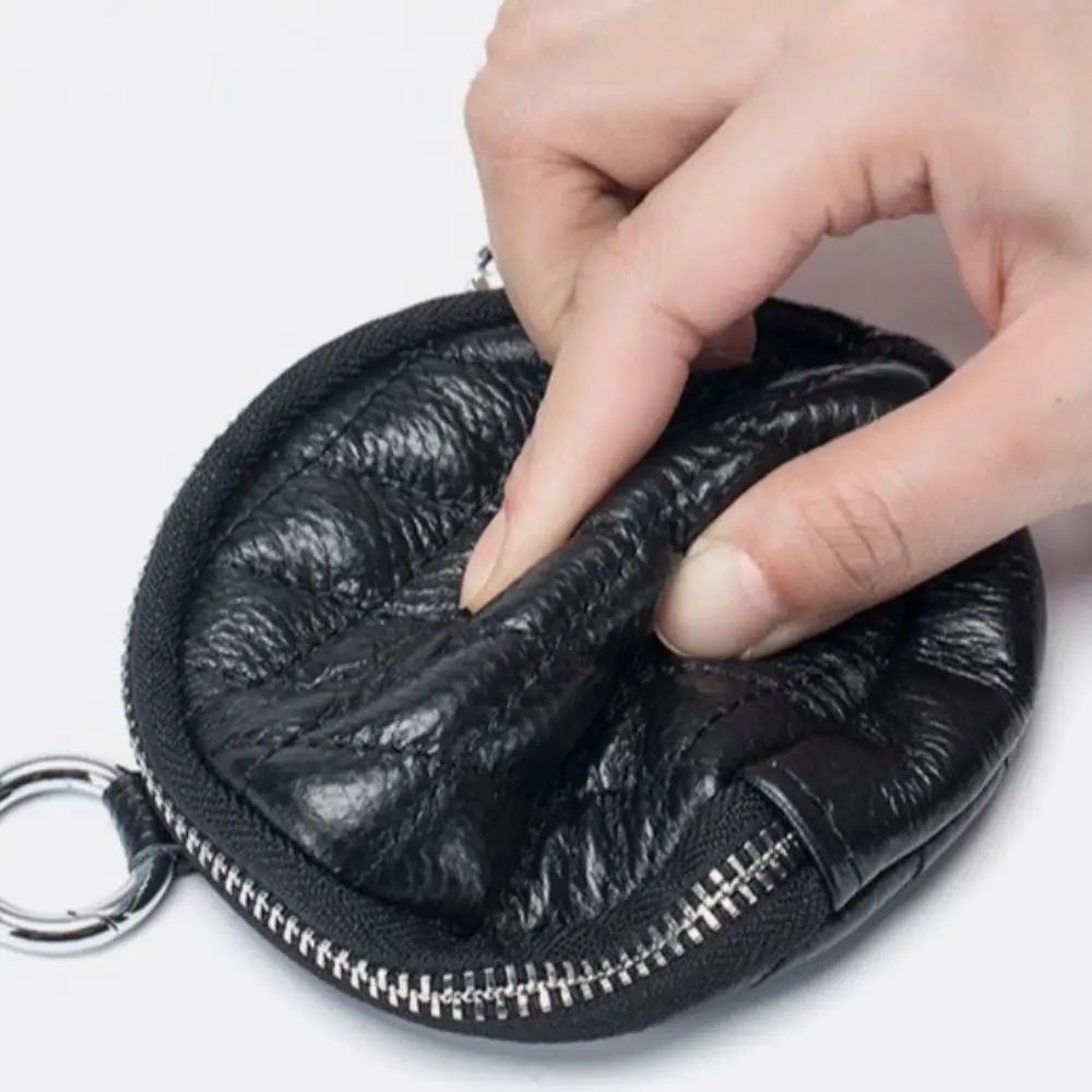 Genuine Leather Round Coin Purse Pendant Earphone Pouch Car Keychain Mini Bag Key Ring with Zipper Portable Card Holder Bag Case