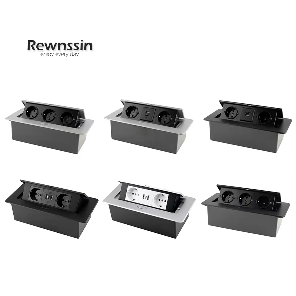 Hidden Desktop Socket 16A Socket Pop-Up Desktop Socket Aluminum EU Standard Dual USB C-Type Desk Socket Office Cabinet 250V