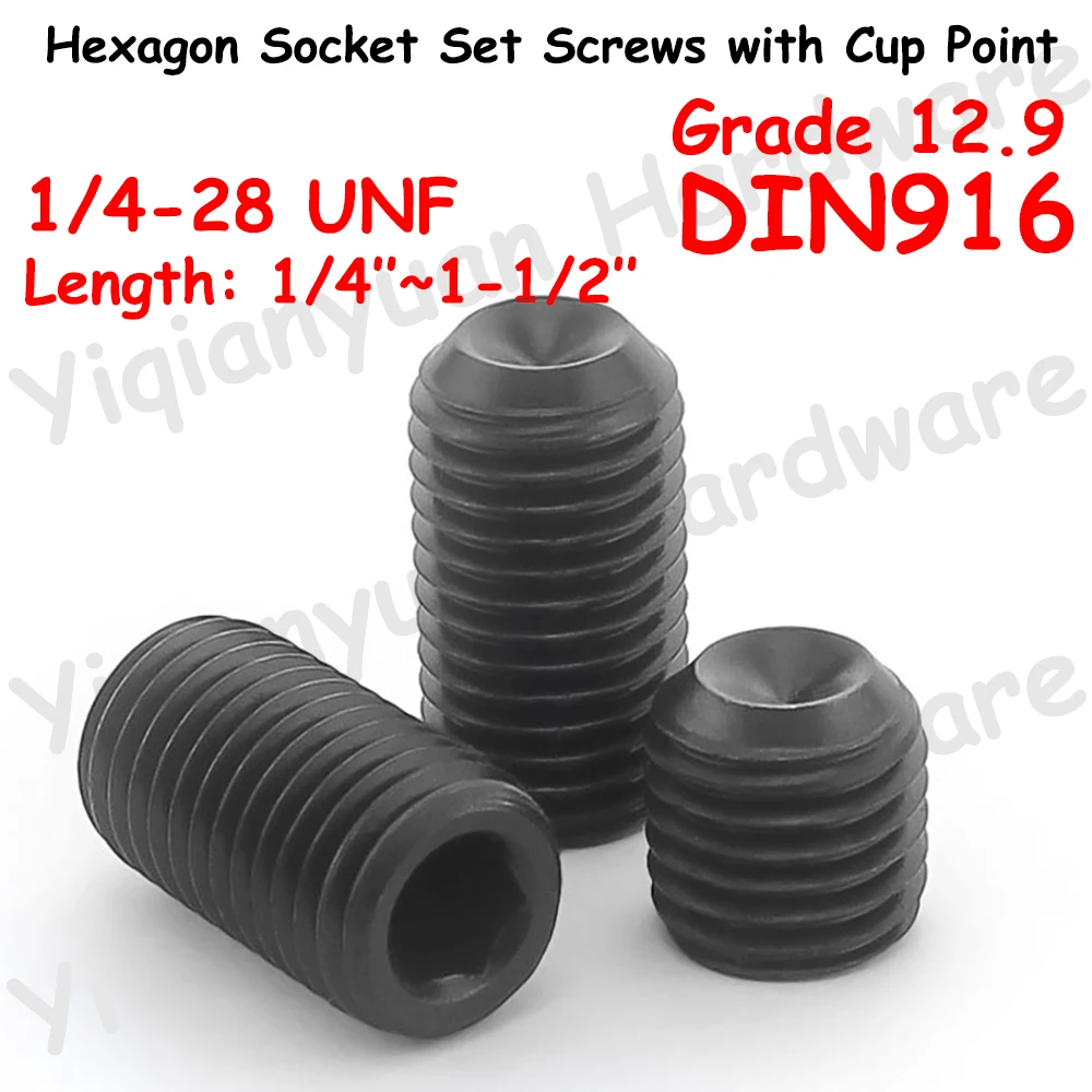 Yiqianyuan 1/4-28 UNF Thread DIN916 Grade 12.9 Alloy Steel Hexagon Socket Set Screws with Cup Point Headless Allen Grub Bolts