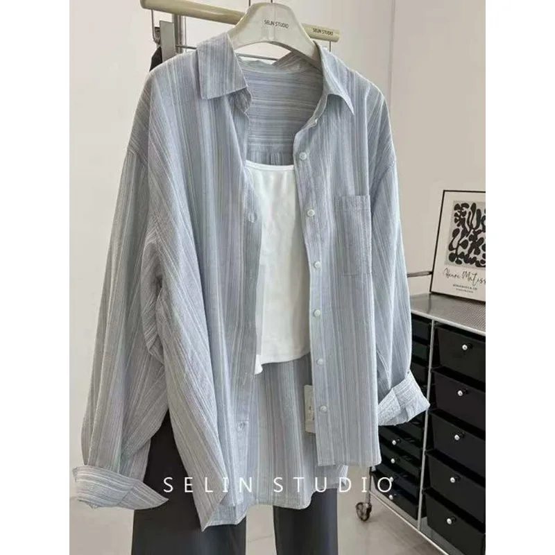 Women Korean Style Striped Lapel Shirt Thin Loose Sun Protective Casual Versatile Summer Blouse