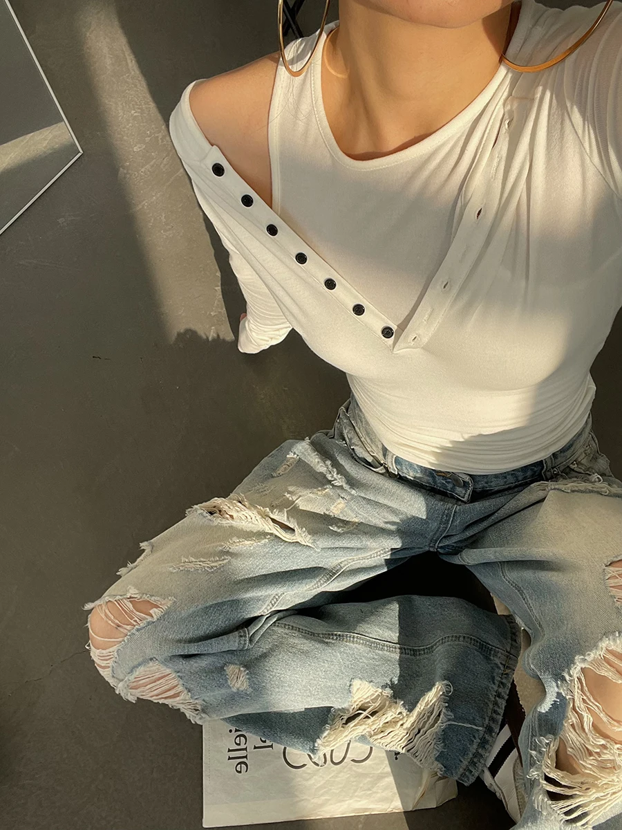 

Slim Fit Hoodie Vest Fake Two-Piece Design Spring Women's T-irt ort Top Street Sle Long Sve Chinese Brand