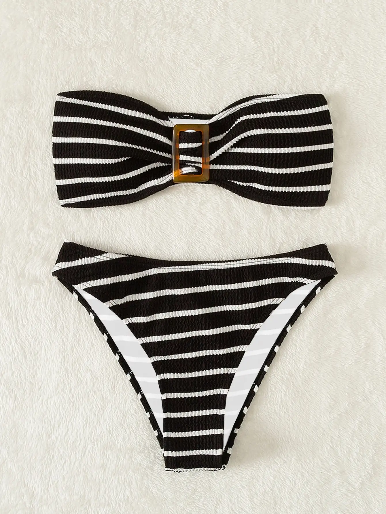 Striped Textured Bandeau Bikinis 2024 Women Sexy Swimsuit Push Up Swimwear Female Bathing Suit Swimming Summer Beachwear