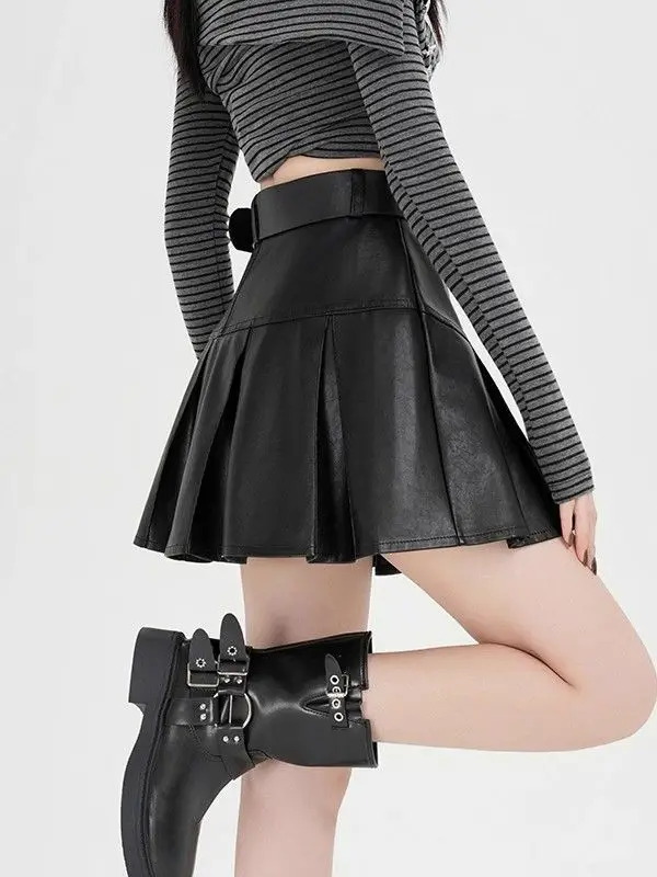 Saia de couro preto do vintage punk feminino sexy plissado grunge retro mini saia y2k gótico streetwear a linha senhoras saias