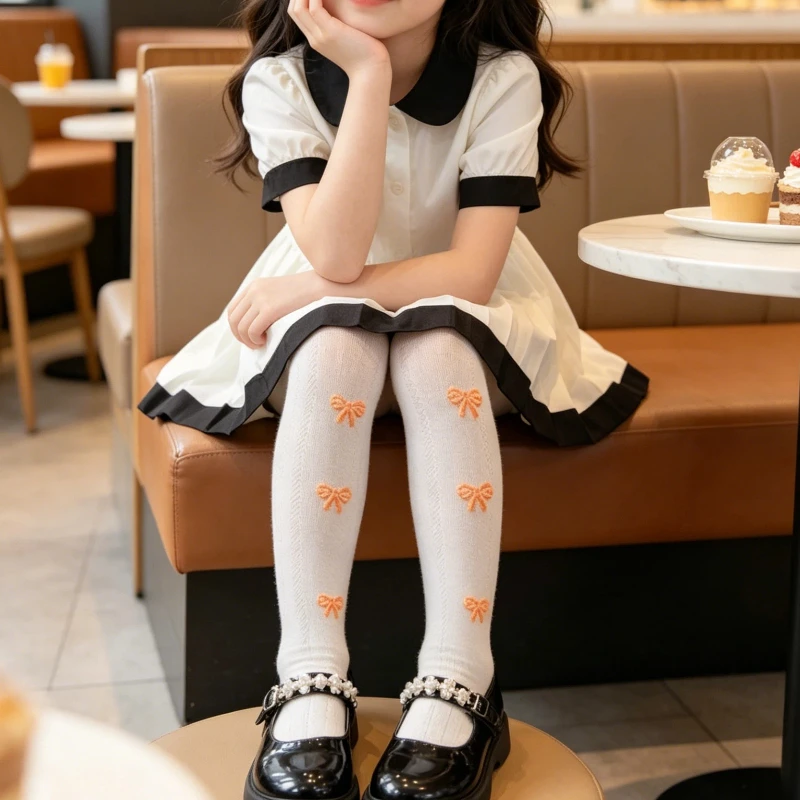 Trendy Cable Knit Tights with Lovely Bow Decoration for Sweet Girls Style Soft Elastic Comfortable Daily Casual Children Hosiery