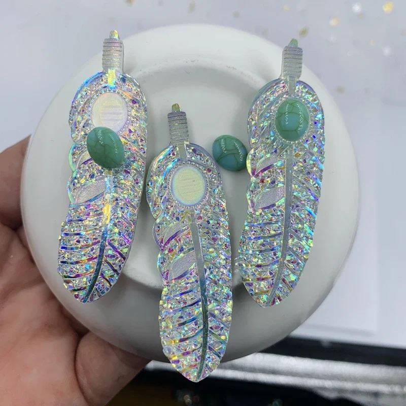 Matching turquoise 8 sets 18*62mm AB Resin Leaf &Feather Rhinestone Flatback Gems Cabochon Wedding Decoration Craft -22E50