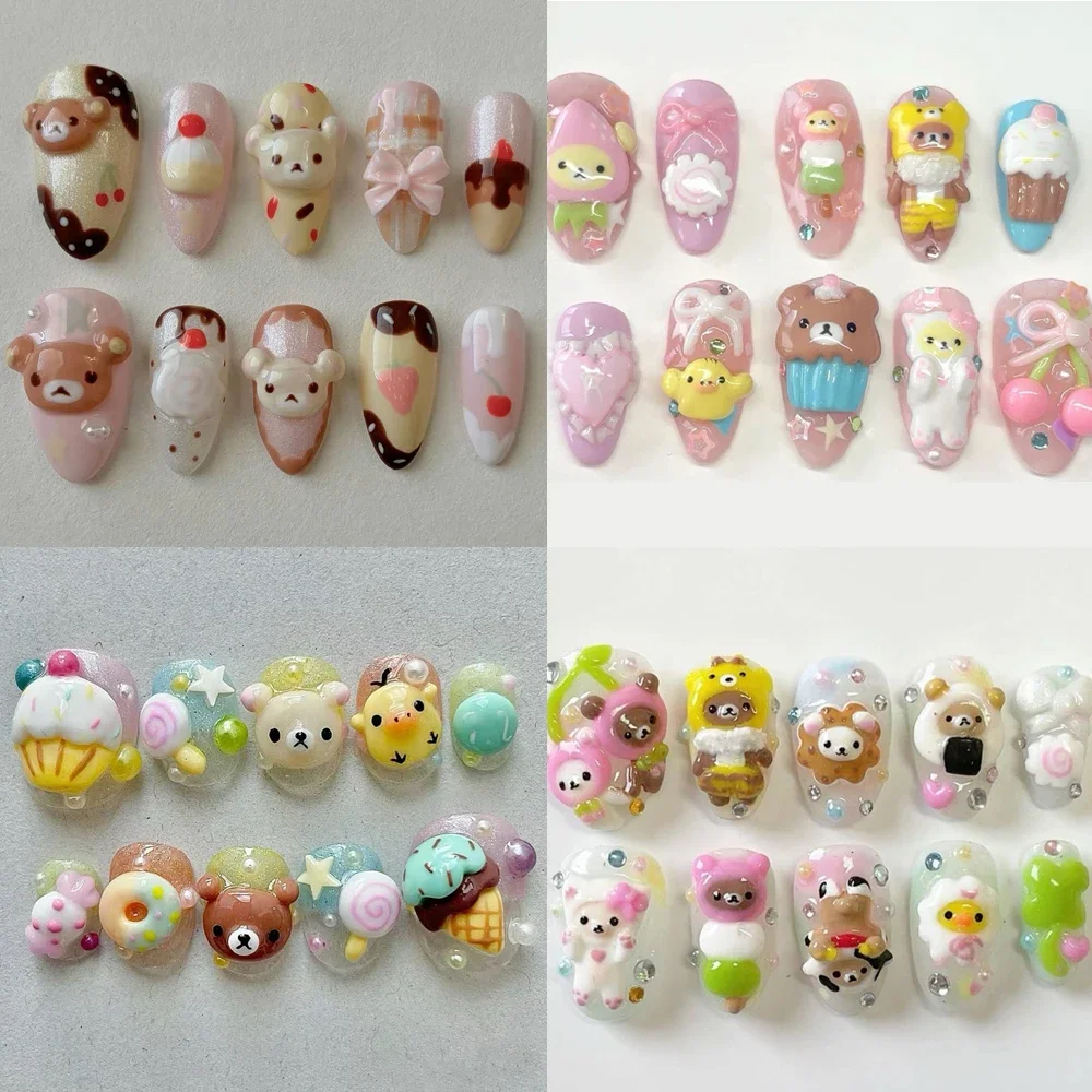 10Pcs Kawaii Rilakkuma 3D 인형 프레스 네일 아트 수제 아몬드 베어 귀여운 맞춤형 가짜 손톱 소녀 파티 생일 선물