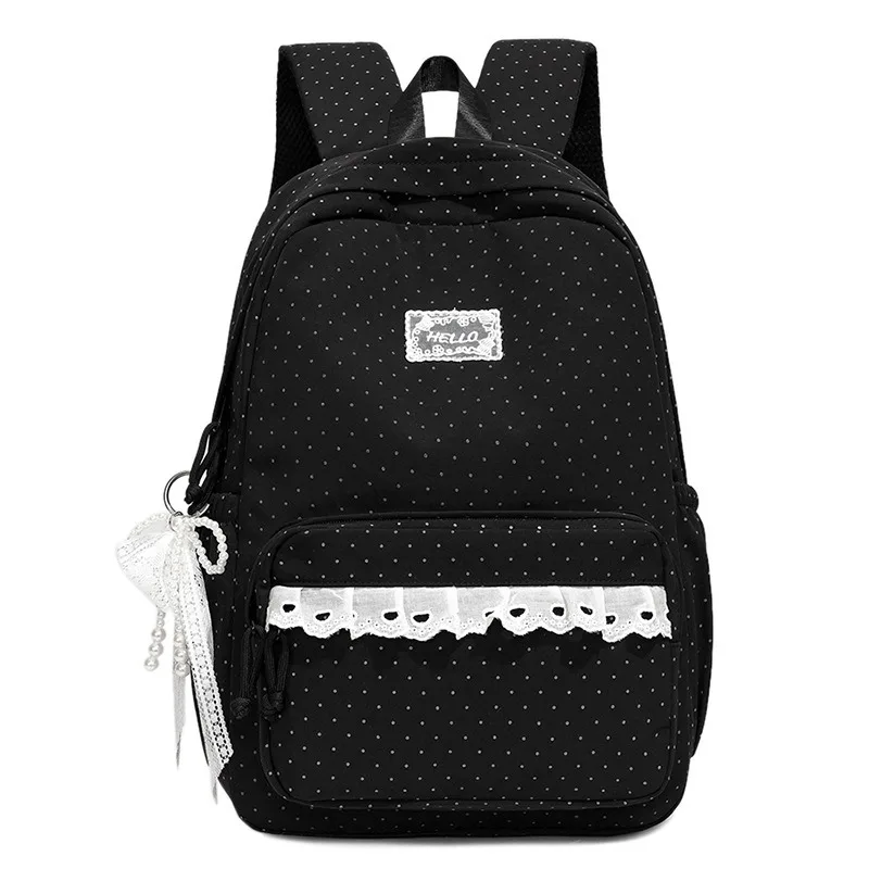 Korean Dot Kawaii Nylon Backpack Teen Girls Students School Bags Exquisite Lace Sweet Cute Daypack Outings Waterproof Rucksack