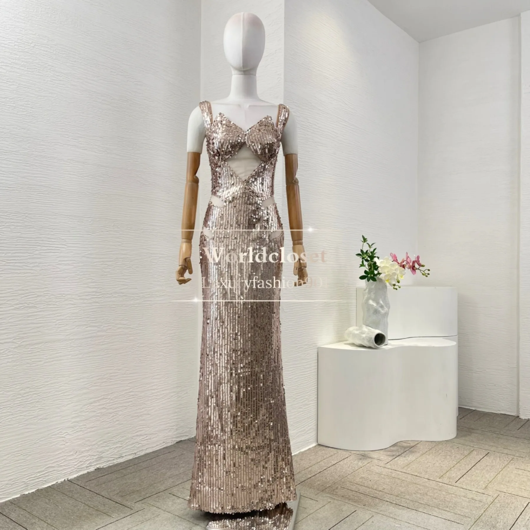 

Silver Sleeveless Halter Sequin Cut Out Mermaid Fishtail Maxi Evening Dresses