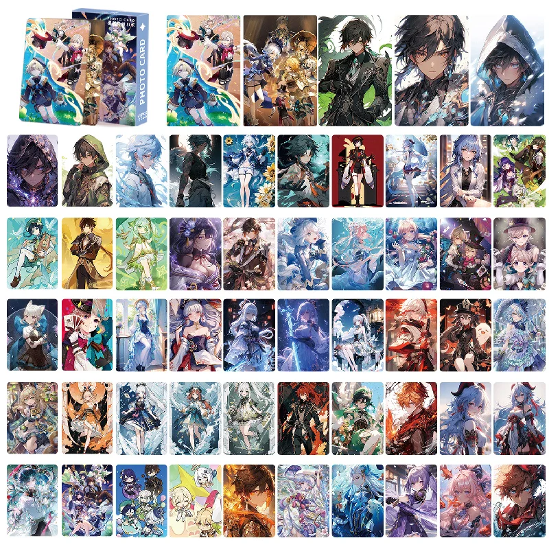 55PCS/Set Anime Genshin Impact Laser Glitter Photocard HD Printed Cards Lomo Card Xiao Kaedehara Kazuha HuTao Fans Collection