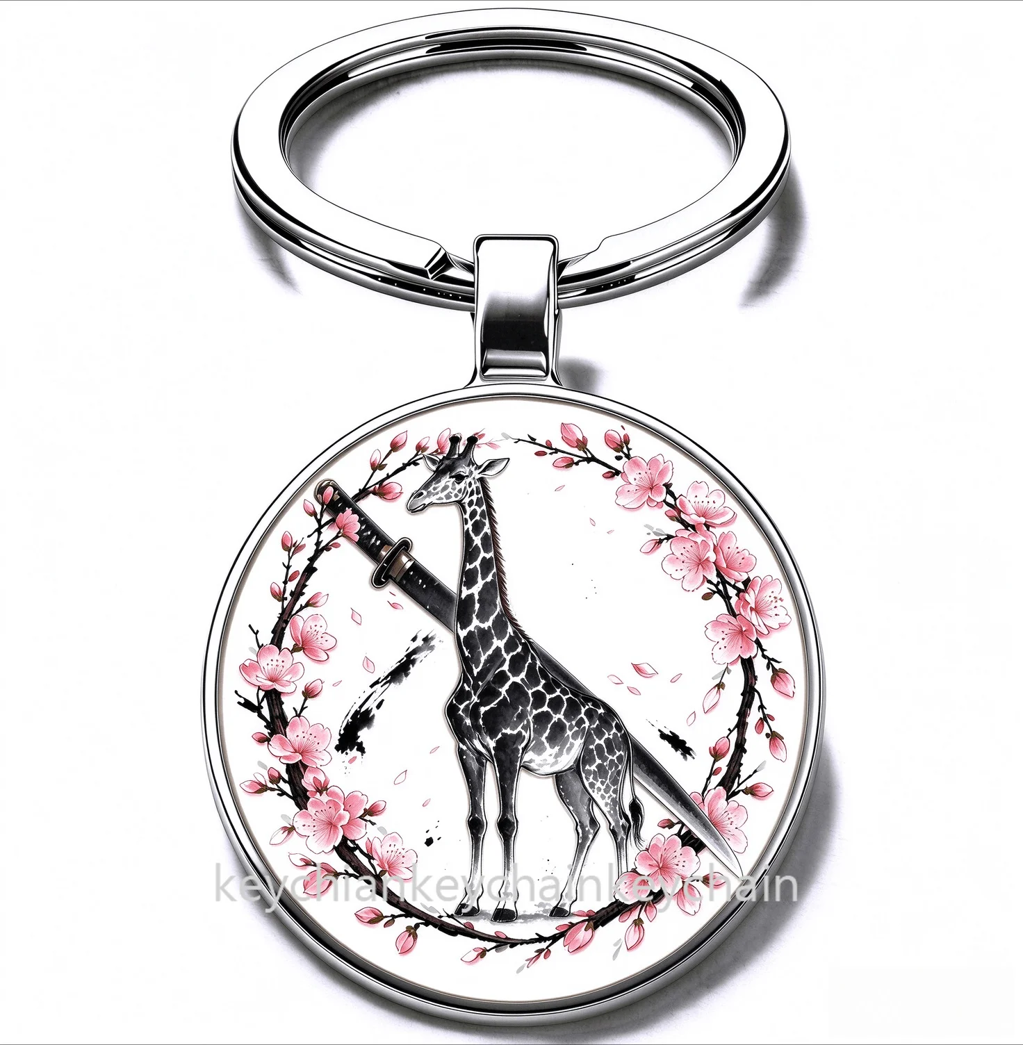 Japanese Giraffe Cherry Blossom Katana Keychain Samurai Sword Sakura Wreath Key Ring Car Bag Pendant Men Gift