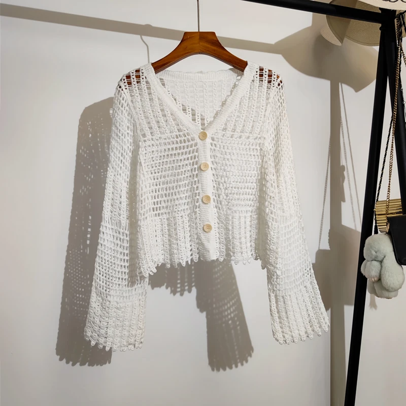 Sheer Crochet Top Button Front V-Neck Long Sleeve Open-knit Embroidery Crop Cardigan Women Summer Boho Vacation Outfit