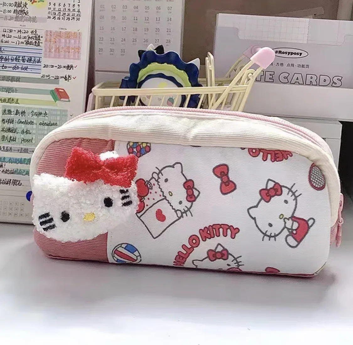 Sanrio Cartoon Hello Kitty Pen Bag Anime Cute KT printed large capacity pencil bag Girl kawaii portable makeup bag Birthday gift