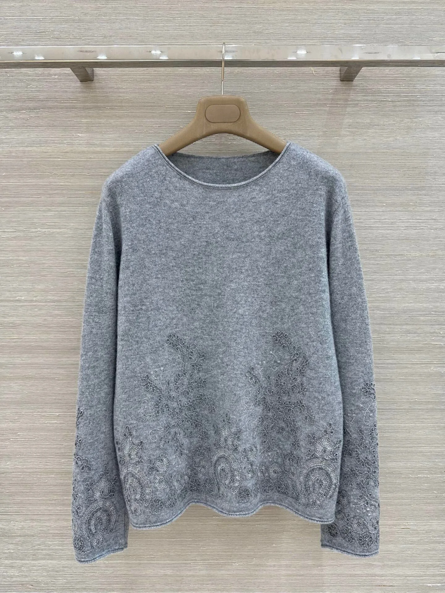 Luxury 100% Pure Cashmere Sweater Women Embroidered Lace Knit Jumper Chic Beige Grey White Pullover