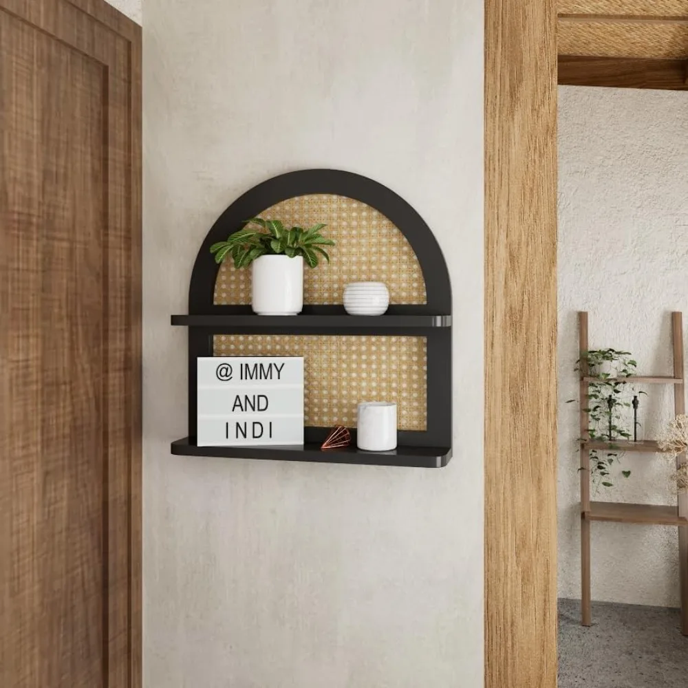 

Wood Boho Rattan Wall Shelf - 2-Tier Arched Wicker Floating Shelf Black Wood New Boho Shelf (16''l Natural Rattan Shelf)