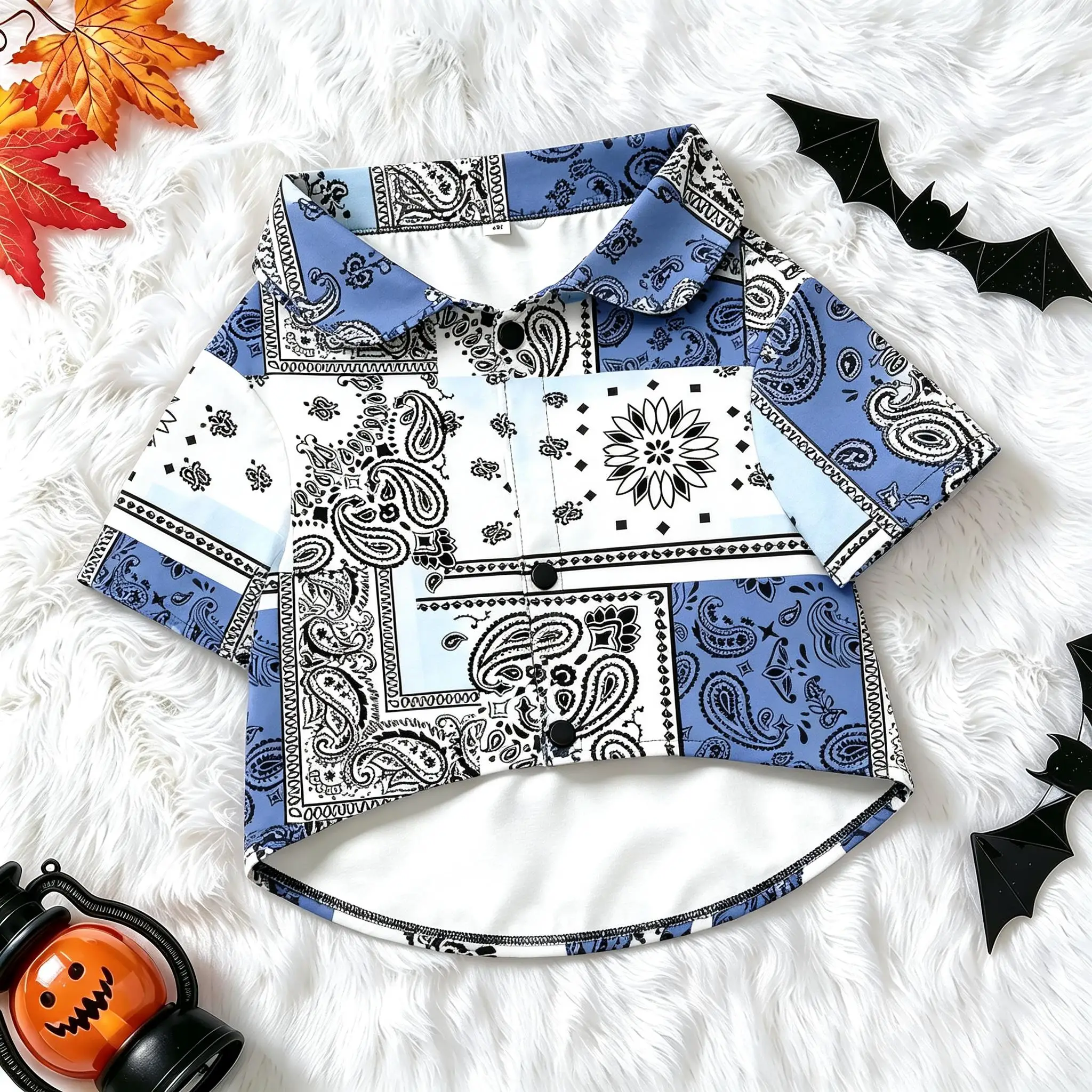 Pet Dog Shirt Blue White Patchwork Paisley Print Breathable Button Up for Small Medium Dogs Retro Western Theme Daily Wear