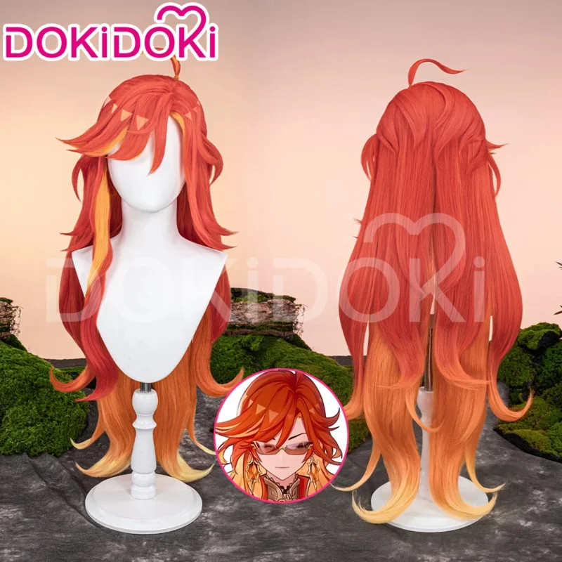 Mavuika شعر مستعار لعبة Genshin تأثير DokiDoki Pyro Archon النساء طويلة 110 سنتيمتر شعر مستعار مضيئة Natlan Mavuika نظارات الأذن كليب