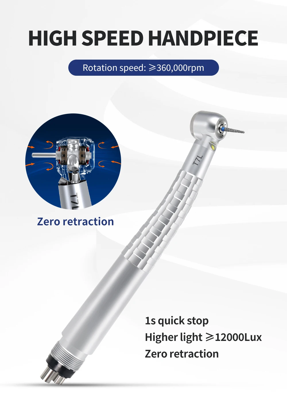 Dental LED High Speed Handpiece T7L Zero Retraction 4 Water Spray Push Button 2/4 Holes Air Turbine Handpiece for Dental Clinic